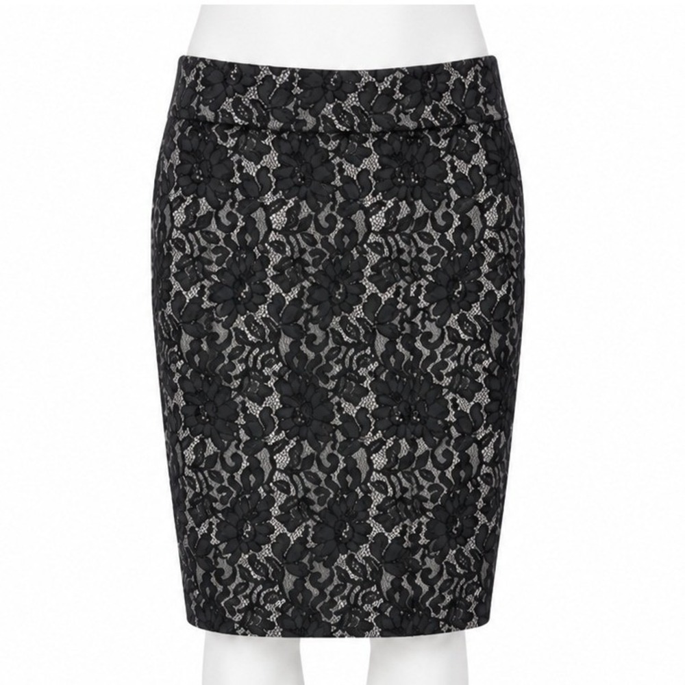 Worthington Pencil Skirt Women 10P Black Floral Lace Stretch Lined Knee Length
